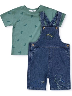 TeknoKapsül Mothercare Erkek Bebek Şort Salopet-Tshirt Dinozor Baskılı Düğmeli Bisiklet Yaka Kısa Kol Reçme