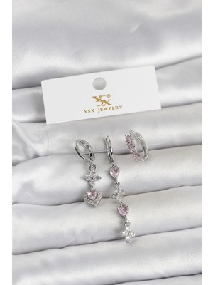 Belle Fusion Mey Ithalat® Pirinç Gümüş Renk Pembe Zirkon Taşlı 3'lü Kadın Küpe