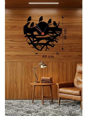 Belle Fusion Mey Ithalat® Dallarda Kuşlar Tasarım Ahşap Duvar Saati - 40X40 cm Dekoratif Saat