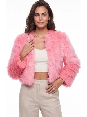 Onloox Şeker Pembe Suni Kürklü Polyester Kumaş Uzun Kollu Astarlı Detaylı Kısa Form Mont Ceket