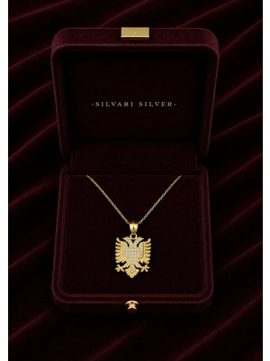 Silvari Silver Taşlı Çift Başlı Kartal, Arnavutluk Sembolü Gümüş Rengi Tasarım 925 Ayar Gümüş Kolye