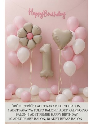 Çavuş E-Ticaret 1 Yaş Doğum Günü Parti Seti Pembe Beyaz Balon Seti Retro Pastel Parti Seti Retro Kalp, Retro Papatya Balon Parti Seti