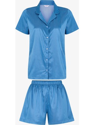 Penti Mavi Skyline Saten Kısa Kollu Gömlek Şort Pijama Takımı