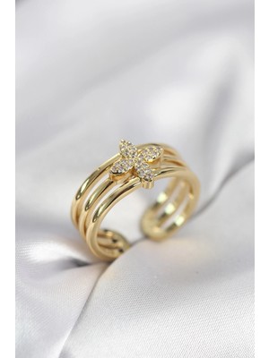 Belle Fusion Mey Ithalat® Gold Renk Zirkon Taşlı Yonca Model Kadın Yüzük