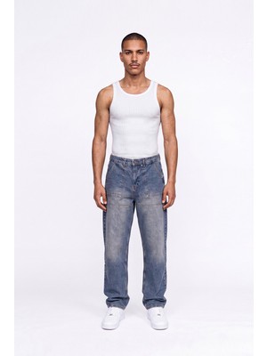 Machinist Erkek Dikiş Detaylı Baggy Jean Pantolon Mavi