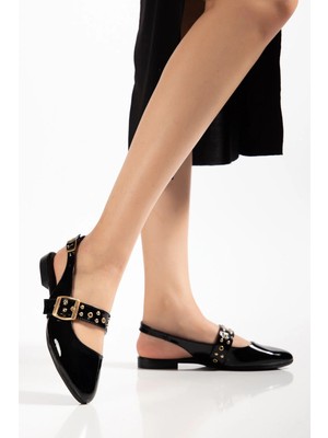 Nmoda Kadın Rugan Gold Tokalı Taş Detaylı Slingback Babet  Sivri Burun Kısa Topuklu Şık Ayakkabı