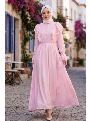 Hnt Hayrunnisa  Fırfır Dantelli  Modal Astarlı Tül Elbise Pembe  HNT8618