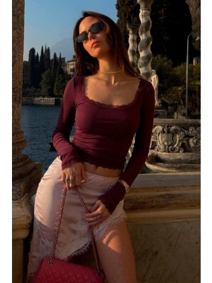 Damga Kadın Dantelli Kare Yaka Bordo Korse Bluz