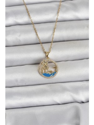 Marsilyan 316L Çelik Zincir Gold Renk Zirkon Taşlı Deniz Temalı Kadın Kolye 5886