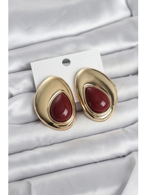 Belle Fusion Mey Ithalat® Pirinç Gold Renk Bordo Taşlı Damla Model Vintage Kadın Küpe
