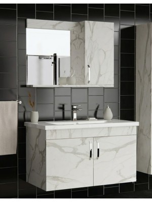 Endüstriyel Ümit Yapı Market 80 cm Calacatta Mermer Desenli Asma Banyo Dolabı Takımı Aynalı ve Lavabolu
