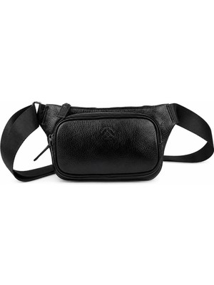Alphaclub Bag Unisex Siyah Parlak Hakiki Deri Çapraz Askılı Çok Bölmeli Omuz ve Bel Çantası