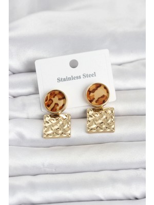 Marsilyan 316L Çelik Gold Renk Leopar Desenli Plaka Model Kadın Küpe 5886