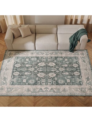 Cool Halı Private Xw Krem Yeşil Eskitme Vintage Halı Yıkanabilir Şönil Dokuma Etnik Desen Klasik Salon Halısı
