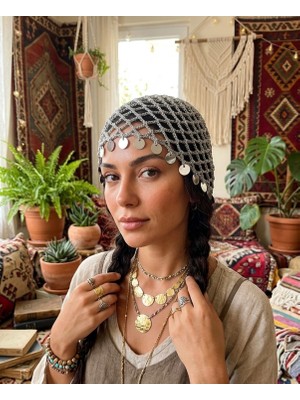 Sfenks. Gri Pullu Örgü Saç Filesi - Bohem Festival Bonesi Saç Aksesuarı
