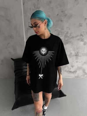 Freedom Storee Unisex Bisiklet Yaka Baskılı Oversize T-Shirt - Siyah