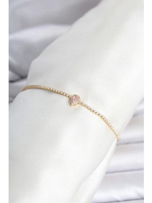 Marsilyan Pirinç Gold Renk Pembe Damla Model Su Yolu Kadın Bileklik 5886