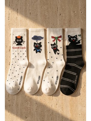 Kadın 4'lü Karışık Kedi Desenli Soket Çorap