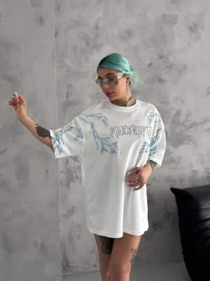 Freedom Storee Unisex Bisiklet Yaka Baskılı Oversize T-Shirt - Beyaz