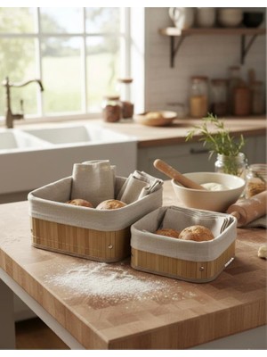 Abnturk 2li Kare Bambu Kenar Organizer Sepet Ahgap Altlı - Bezli 21 × 21 × 10 cm - 17 × 17 × 8 cm
