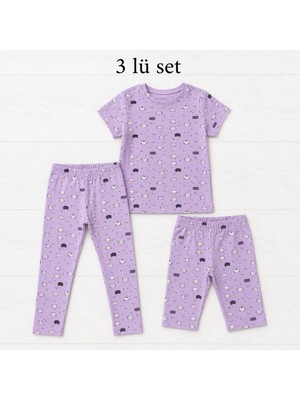 İncili Kız Çocuk T-Shirt-Kapri-Tayt 3'lü Set Lila Kedi Desenli