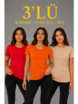Marsilyan Kadın 3’lü Kısa Kollu Bisiklet Yaka Basic Slim Fit T-Shirt - Kırmızı - Turuncu - Bej