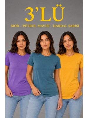 Marsilyan Kadın 3’lü Kısa Kollu Bisiklet Yaka Basic Slim Fit T-Shirt - Mor - Petrol Mavisi - Hardal
