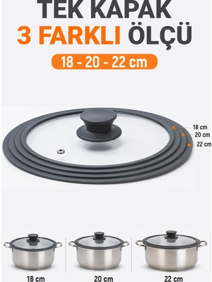 Digithome Silikon Kenarlı 3 Ölçü Cam Tencere Kapağı 18-20-22 cm