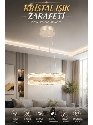 Elvora Home Modern (Premium) Ledli 100W 3 Renk Kristal Taş Sarkıt Avize Gold Kum Beji Salon Oturma Odası Avizesi Modelleri
