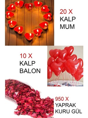 Empressco 20 Ad. Kalpli Mum ve 10 Ad. Kalp Balon 950 Yaprak Kurutulmuş Gül Mum Evlilik Teklifi Özelgün Sevgili