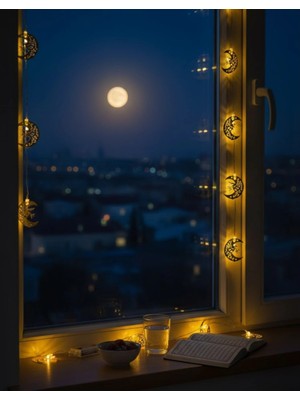 Uzman Toptan Mey Ithalat® Gold Renk Metal Minareli Hilal LED Işık Pilli Ramazan Süsü