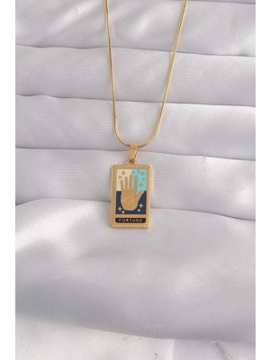 Uzman Toptan Mey Ithalat® 316L Çelik Gold Renk Karışık Mineli El Figür Tarot Kolye