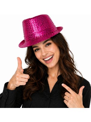 Belle Fusion Mey Ithalat® Fuşya Pembe Payetli Disco Parti Şapkası Yetişkin Işıltılı Fötr Model