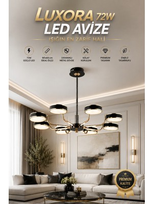 Elvora Home Modern (Premium) Ledli 72W 8'li Siyah Gold Sarkıt Avize Salon Oturma Odası Mutfak Yatak Odası Avizesi Modelleri