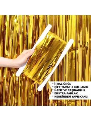 Uzman Toptan Mey Ithalat® Altın Gold Renk Ekstra Metalize Parlak Saçaklı Arka Fon Perde Ithal  1x2 Metre