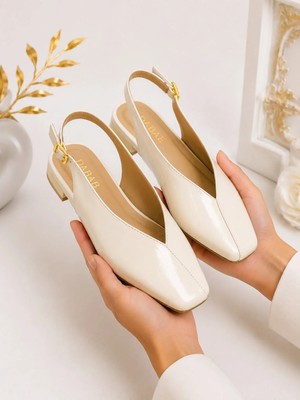 Dabab Shoes Lıvora Kadın Krem Kare Burun Tokalı Düz Taban Slingback Casual Babet Ayakkabı