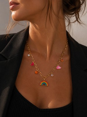 Hector Co Jewellery Rainbow Charm Premium Gökkuşağı, Kalp ve Charm Detaylı 316L Çelik Altın Renk Kolye