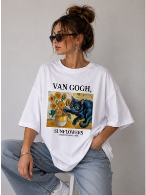 Nileq Boutique Van Gogh Cat Baskılı Oversize Unisex Beyaz Tişört