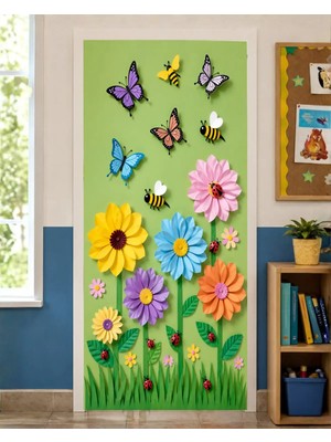 Promisebackdrop2 190X75CM Lastikli Kapı Süsü, Kumaş Kapı Giydirme, Çiçek ve Uğur Böceği Temalı, Sınıf Kapısı, Okul Etkinlik Kapı Süsü
