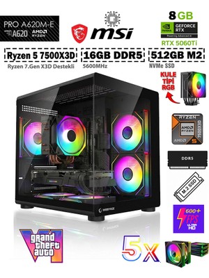 Zeiron Mohawk X3D Pro AMD Ryzen 5 7500X3D 4.0Ghz-MSI A620M-B/GEFORCE RTX 5060TI 8GB X2 ICE/512GB M.2/16GB DDR5 Siyah-Oem Oyuncu Paket