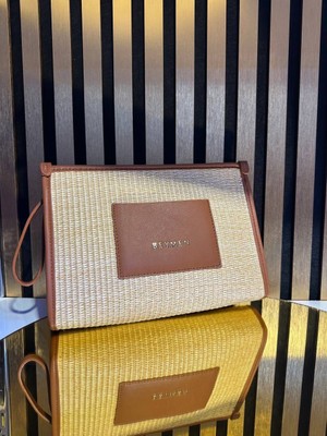Pazarvia Shop Hasır Deri Taba Renk Clutch