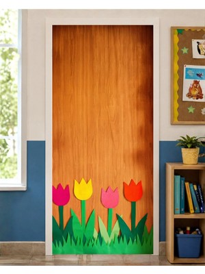 Promisebackdrop2 190X75CM Lastikli Kapı Süsü, Kumaş Kapı Giydirme, Lale Temalı, Sınıf Kapısı, Okul Etkinlik Kapı Süsü