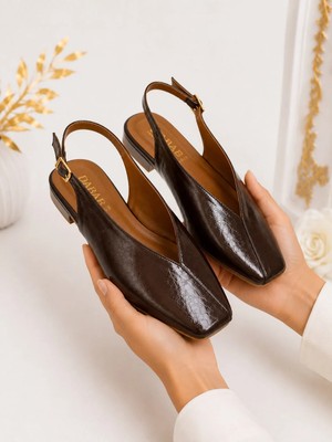 Dabab Shoes Lıvora Kadın Acı Kahve Kare Burun Tokalı Düz Taban Slingback Casual Babet Ayakkabı