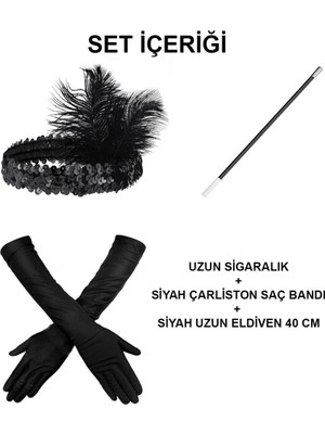 Uzman Toptan Mey Ithalat® Gatsby Aksesuar Seti – Siyah Charleston Saç Bandı, Uzun Eldiven &amp; Sigaralık