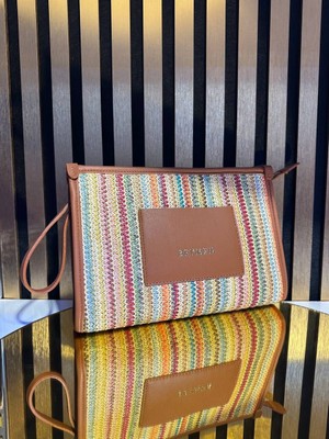 Pazarvia Shop Hasır Deri Taba Renk Clutch