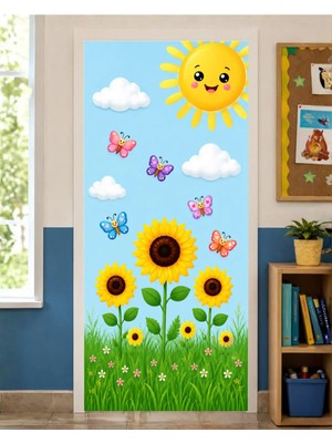 Promisebackdrop2 190X75CM Lastikli Kapı Süsü, Kumaş Kapı Giydirme, Ayçiçeği ve Güneş Temalı, Sınıf Kapısı, Okul Etkinlik Kapı Süsü