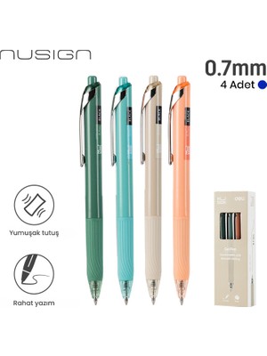 Nusign 0.7 mm Jel Kalem Mavi Mürekkep Ergonomik Yazım Kalemi 4'lü