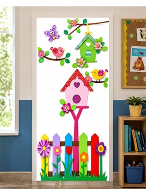 Promisebackdrop2 190X75CM Lastikli Kapı Süsü, Kumaş Kapı Giydirme, Sevimli Kuşlar ve Kuş Evi Temalı, Sınıf Kapısı, Okul Etkinlik Kapı Süsü