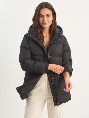Onloox Siyah Polyester Kumaş Kapüşonlu Regular Fit Fermuarlı Astarlı Cepli Şişme Mont