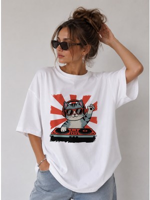 Dj Kedi Baskılı Oversize Unisex Beyaz Tişört